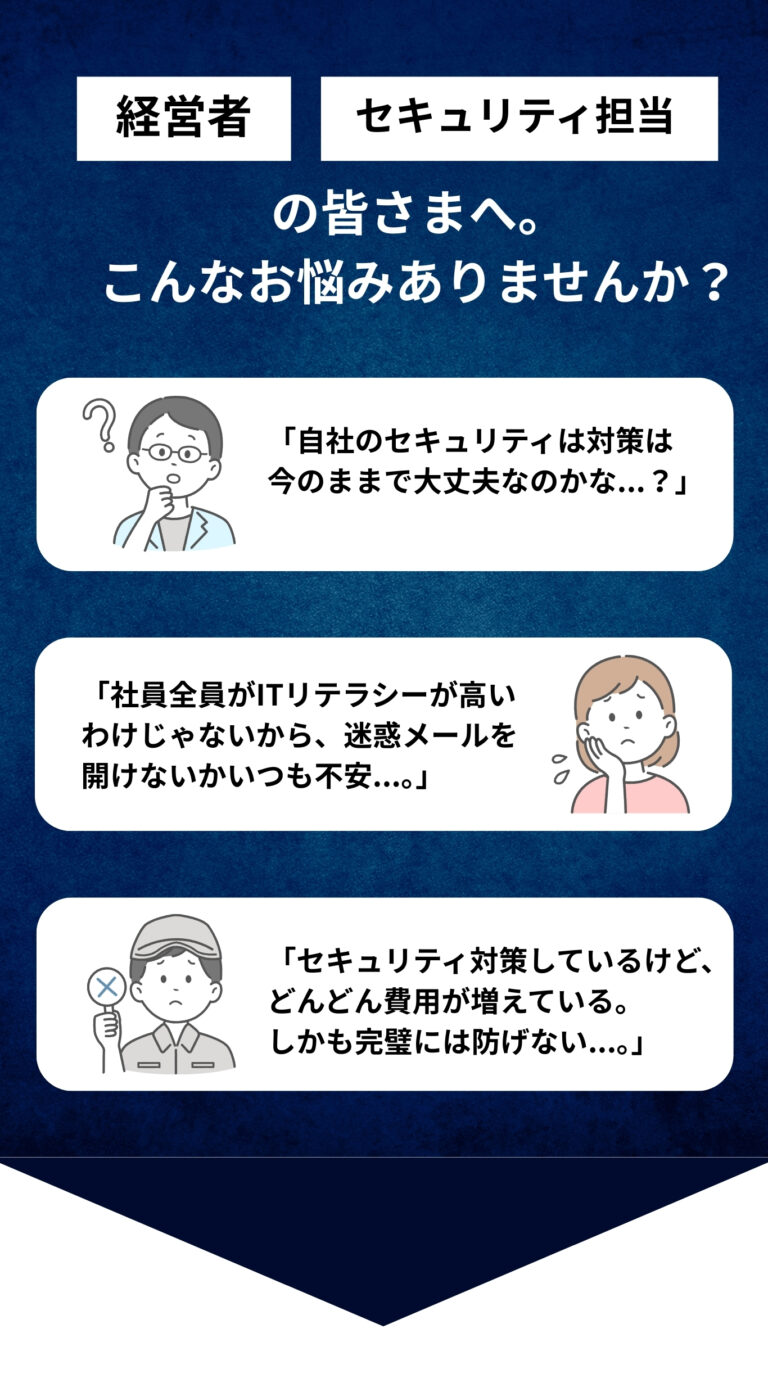 経営者、セキュリティ担当の皆さまへ。 こんなお悩みありませんか？ 「自社のセキュリティは対策は 今のままで大丈夫なのかな...？」 「社員全員がITリテラシーが高い わけじゃないから、迷惑メールを 開けないかいつも不安...。」 「セキュリティ対策しているけど、 どんどん費用が増えている。 しかも完璧には防げない...。」