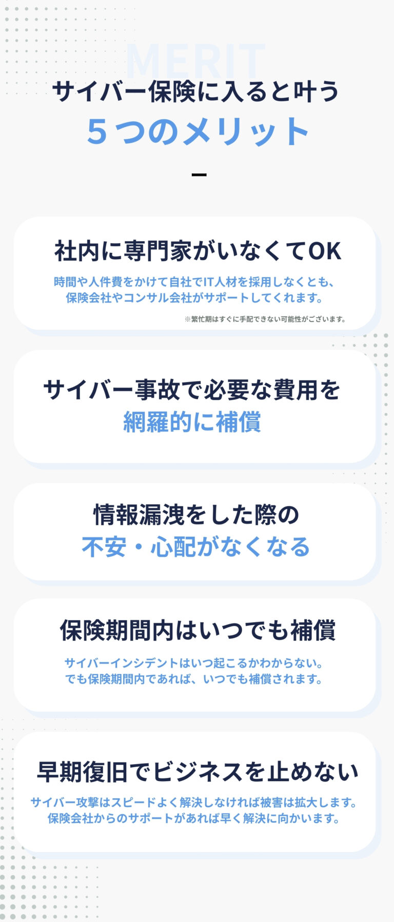 サイバー保険に入ると叶う ５つのメリット 社内に専門家がいなくてOK時間や人件費をかけて自社でIT人材を採用しなくとも、 保険会社やコンサル会社がサポートしてくれます。※繁忙期はすぐに手配できない可能性がございます。 サイバー事故で必要な費用を 網羅的に補償 情報漏洩をした際の 不安・心配がなくなる 保険期間内はいつでも補償 サイバーインシデントはいつ起こるかわからない。 でも保険期間内であれば、いつでも補償されます。 早期復旧でビジネスを止めない サイバー攻撃はスピードよく解決しなければ被害は拡大します。 保険会社からのサポートがあれば早く解決に向かいます。