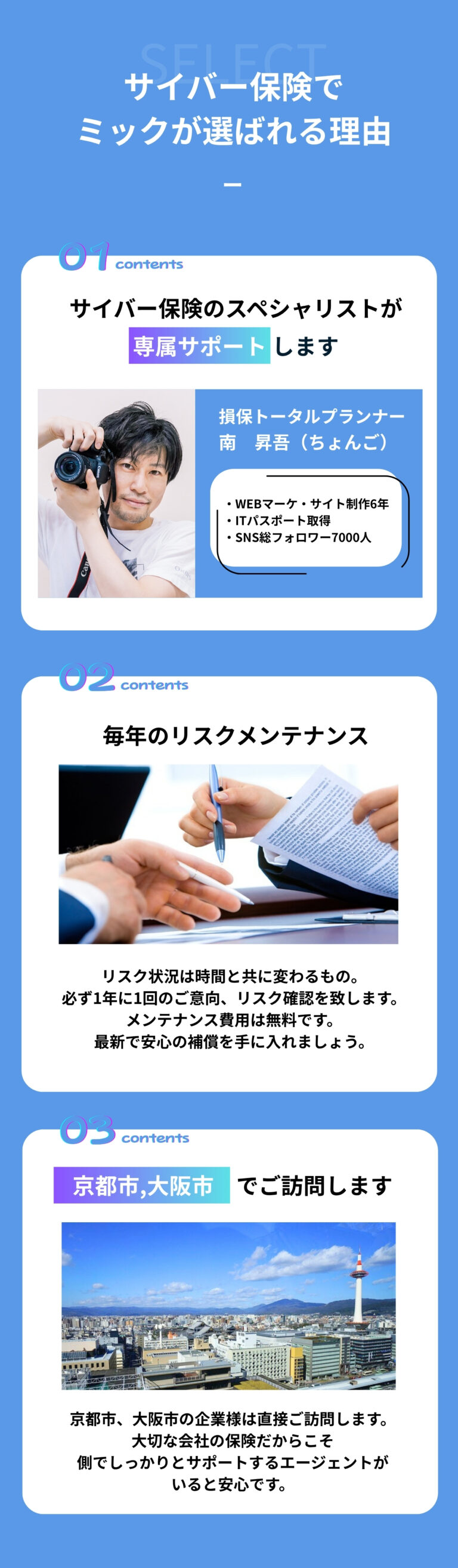 サイバー保険で ミックが選ばれる理由 サイバー保険のスペシャリストが 専属サポート します 損保トータルプランナー南　昇吾（ちょんご） ・WEBマーケ・サイト制作6年 ・ITパスポート取得 ・SNS総フォロワー7000人 毎年のリスクメンテナンス リスク状況は時間と共に変わるもの。 必ず1年に1回のご意向、リスク確認を致します。 メンテナンス費用は無料です。 最新で安心の補償を手に入れましょう。 WEB面談で全国対応します！京都市,大阪市でご訪問します。京都市、大阪市の企業様は直接ご訪問します。大切な会社の保険だからこそ側でしっかりとサポートするエージェントがいると安心です。